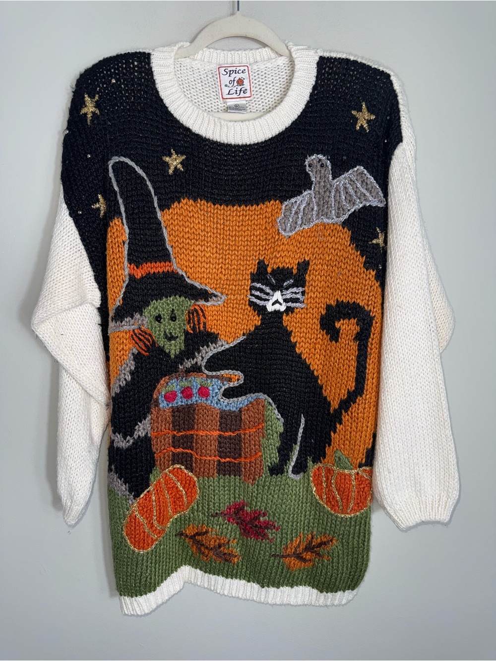 Vintage Spice Of Life Halloween Sweater-Ramie Acrylic-Witch Cat-TLC-Large